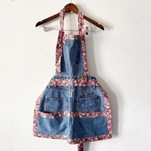 Handmade Denim Kitchen Apron Floral Trim Repurposed Vintage Charming Unique